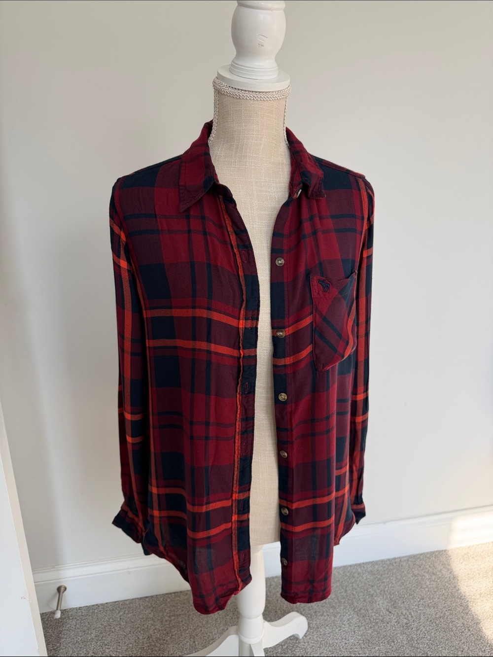 Abercrombie & Fitch Red and Navy Plaid Button-Down Shirt